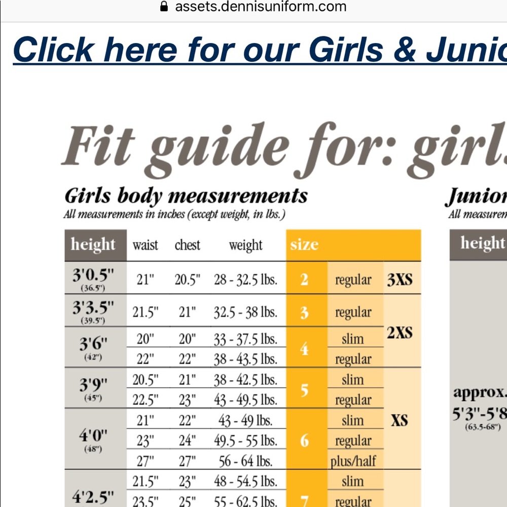 Dennis uniform size guide